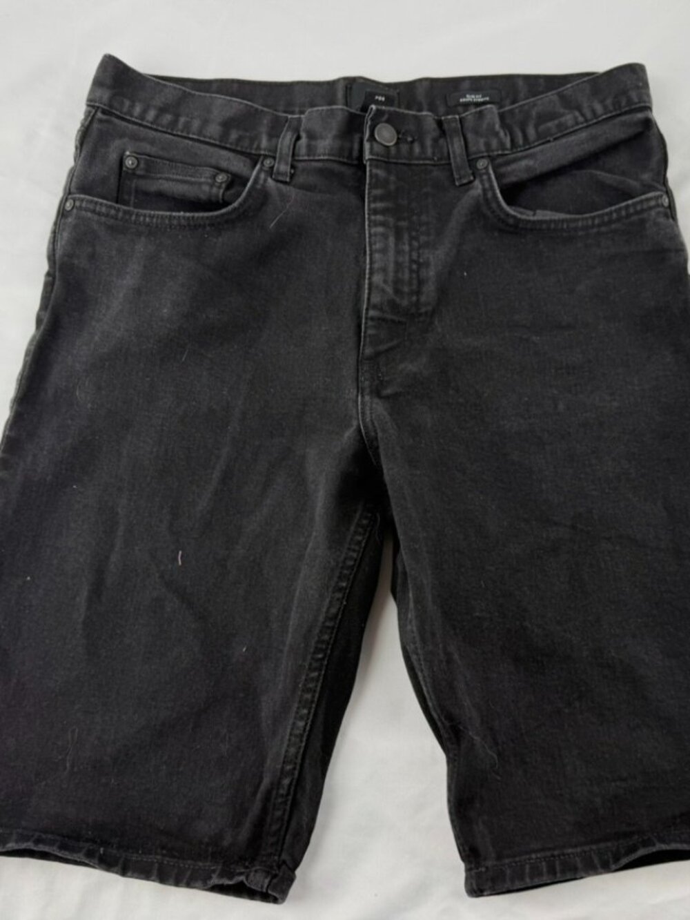 H&M Men Black Denim Shorts Size 32 Slim Fit Casual Cutoff Pockets Stretch